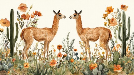 Two charming llamas stand facing each other, surrounded by colorful blooms and towering cacti, creating a lively desert atmosphere filled with natural beauty