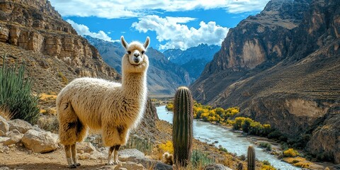 A curious llama enjoys the serene landscape, surrounded by rocky hills and vibrant greenery, with the river gently flowing under an expansive blue sky