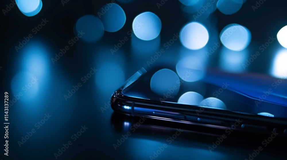 Poster a sleek smartphone edge on a dark reflective surface with soft blue glowing bokeh lights, emphasizin