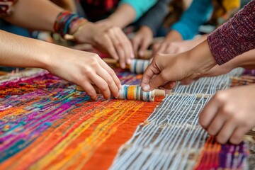 Hands weave vibrant multicolored textile.