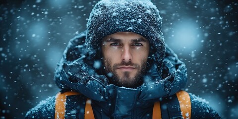 Trendy puffer jacket worn by man in snowy forest during winter weather