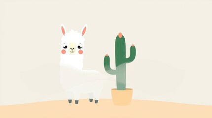 A playful llama stands next to a bright green cactus in a simple desert environment, capturing the essence of tranquility during early morning light