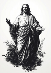 classic full length image of jesus christ, minimalist logo illustration on white background
