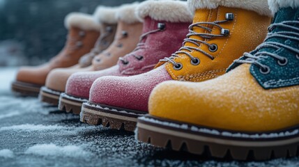 Lineup of colorful winter boots arranged on snowy ground ready for cold weather adventures