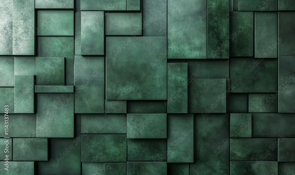 Poster rectangular tiles arranged to create a futuristic wall. green, polished background formed from 3d bl