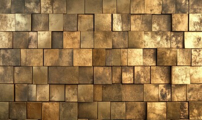 Rectangular, Gold Mosaic Tiles arranged in the shape of a wall. Luxurious, Glossy, Blocks stacked to create a 3D block background.