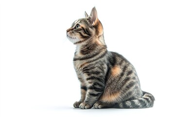 Alert tabby kitten sitting on white, looking up with curiosity.