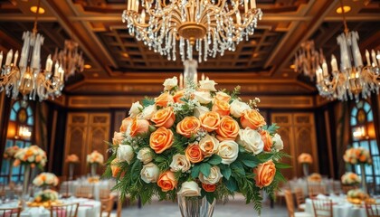Luxurious wedding reception hall decorated with elegant floral arrangements. Sparkling chandeliers create glamorous atmosphere. Tables set for guests in fancy venue. Beautiful floral centerpieces add