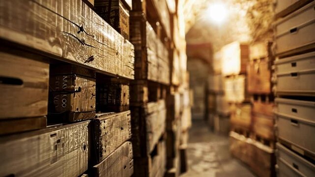 A cloudy view of stacked wine crates hints at the hidden treasures in this cellar.