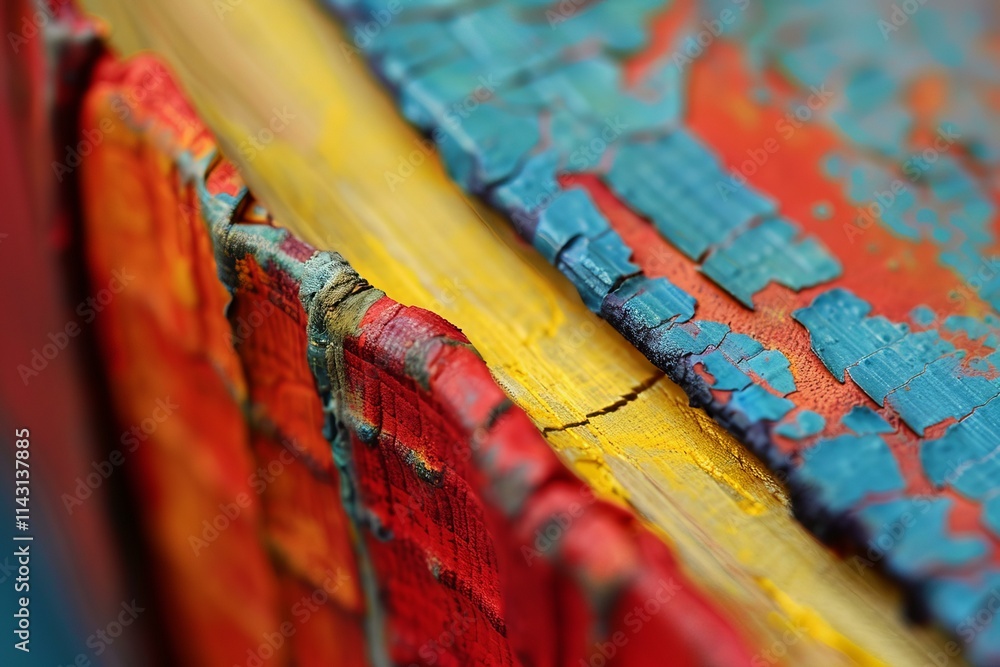 Poster macro abstract texture background of an old book showing layers of colorful peeling paint