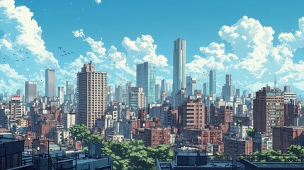 Retro comic book-style city skyline