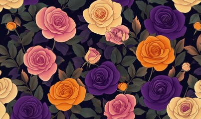Romantic Valentine's Day Background with Multicolored Flowers. Floral Wallpaper with Purple, Pink and Orange Roses.