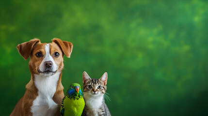 un fondo verde con espacio de copia con mascotas divertidas con un perro un gato y un perico de amigos amistosos mascotas mirando a la camara