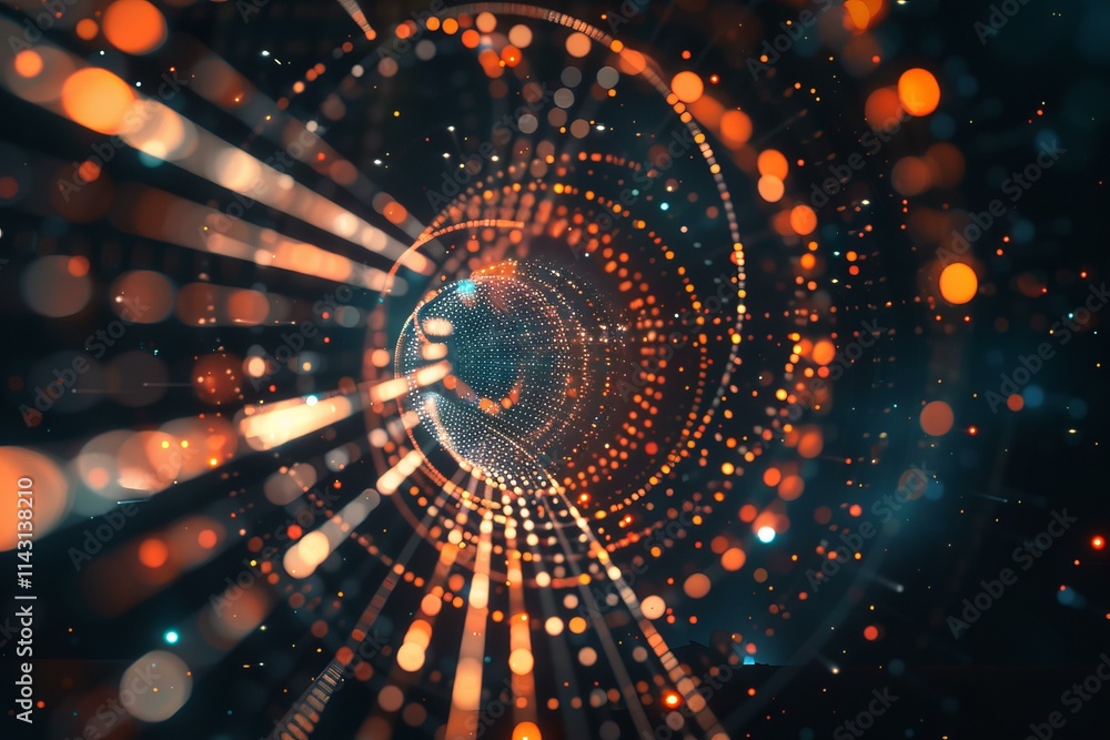 Poster wormhole tunnel effect is creating a data transfer visualisation with orange and blue lights on a da