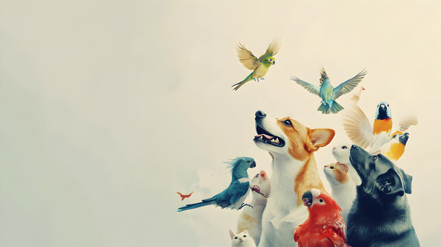 un fondo con espacio de copia con una ilustracion de animales domesticos divertidos mascotas como perros gatos y aves exoticas