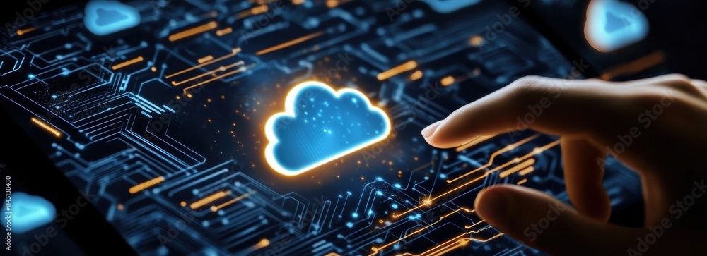 Poster a hand is touching the glowing cloud icon on a tablet screen, surrounded by other clouds and digital