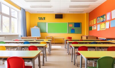 Modern school classroom, colorful chairs and desks, interactive smart board at the front, bright lighting and engaging decorations on the walls