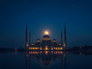 Mosque under Full Moon: A majestic mosque stands illuminated against a backdrop of a full moon and starry night sky, its reflection shimmering on the tranquil waters.