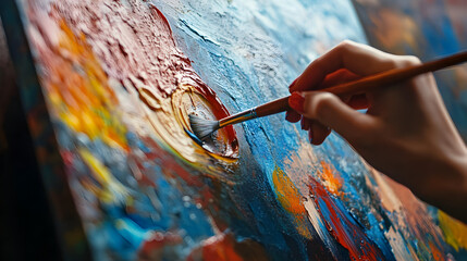 manos de una persona pintando al oleo sobre un lienzo con pintura colorida mezclando texturas e imaginacion diseño y creatividad