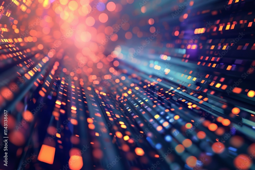 Poster abstract technology background with glowing lines moving fast in perspective