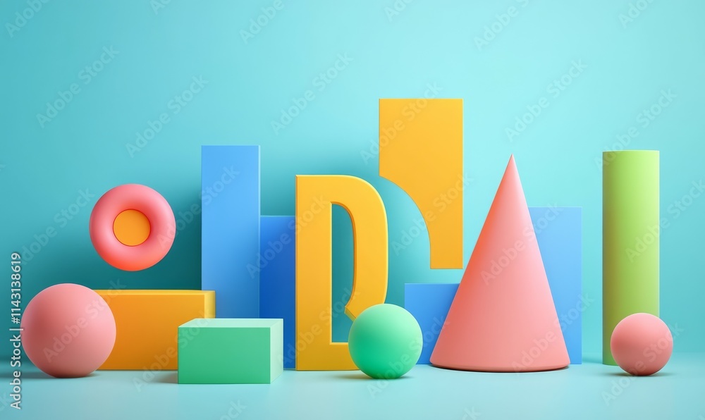 Poster Multicolored Tech Background with a Geometric 3D Structure. Vibrant, Minimal design with Simple Futuristic Forms. .
