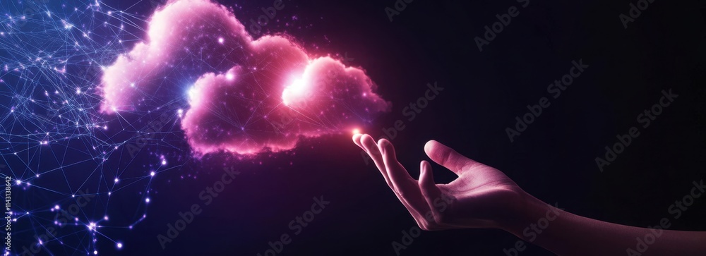 Poster hand reaching out to touch an icon of cloud with digital, glowing clouds background, symbolizing dat