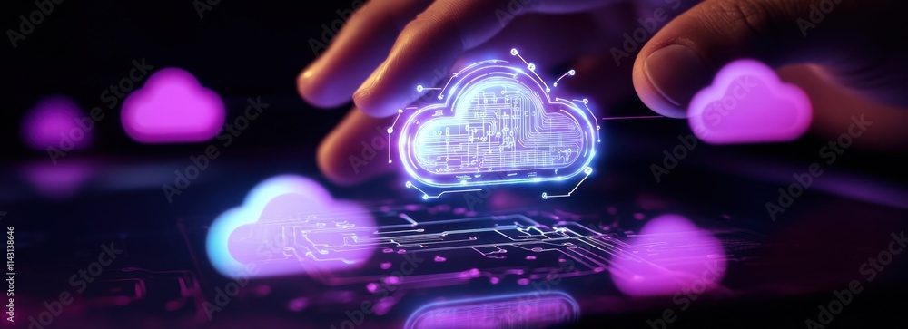 Poster a hand is reaching out to touch the glowing cloud icon on a tablet screen, surrounded by other cloud