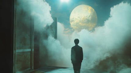 Fototapeta premium Person stands before cloudy moonlit doorway.