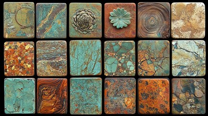 Decorative tiles with intricate designs showcasing various textures and colors arranged in a grid format