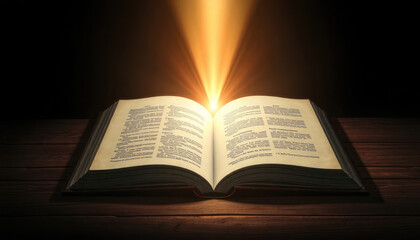Fototapeta premium Ancient mystical book lies open on wooden desk illuminated by warm light. Hidden wisdom, knowledge revealed in sacred text. Esoteric symbols, secrets showcased. Image evokes feelings of mystery,