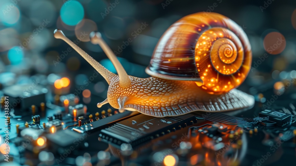 Poster a snail with a glowing shell rests on a circuit board illuminated by vibrant orange and blue lights.