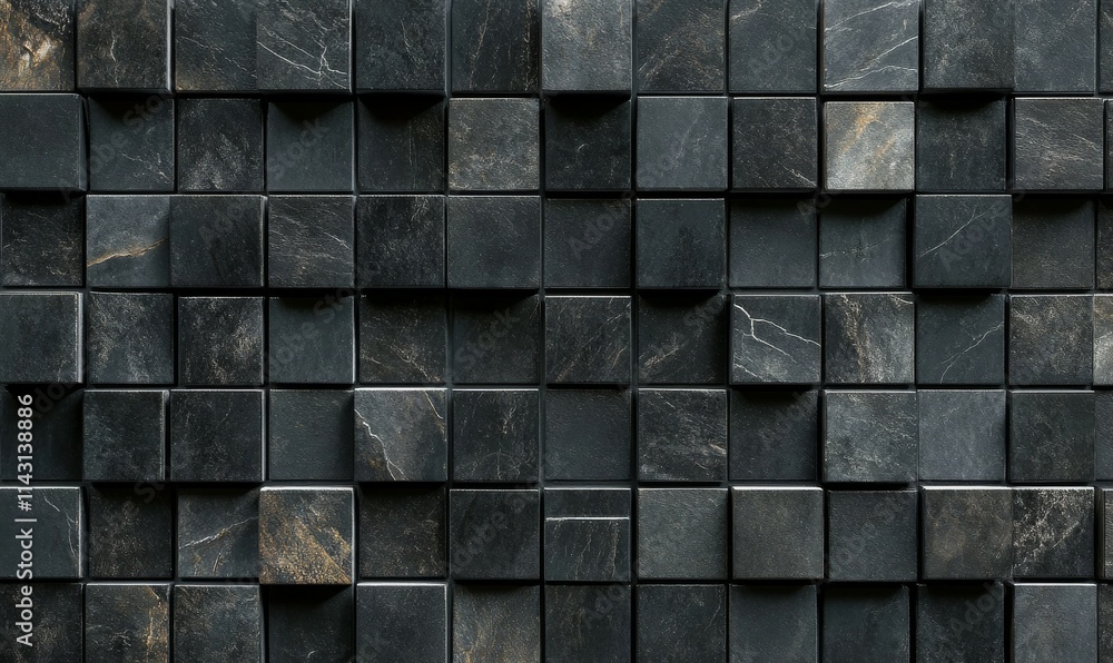 Poster square, black mosaic tiles arranged in the shape of a wall. semigloss, blocks stacked to create a fu