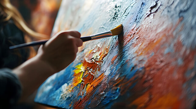 una mano de una persona con una brocha o pincel pintando sobre un lienzo con pintura acrilica o al oleo colorida pasatiempo divertido y relajante expresion artistica