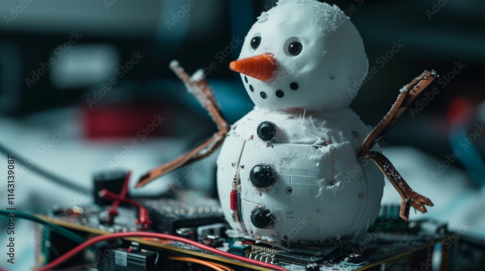 Poster a snowman constructed with a tech-inspired design stands on a circuit board, showcasing mechanical d