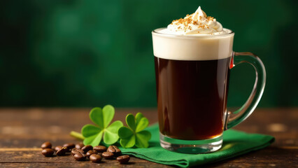 A clear glass mug of Irish coffee with whipped cream sits on a rustic wooden table next to scattered coffee beans and shamrocks. Concept of a celebratory Irish coffee.