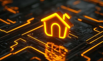 Orange and Yellow Internet Technology Concept with home symbol as a neon light.