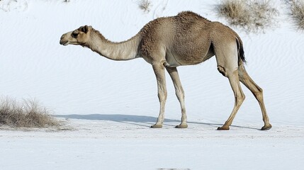 Camel walking across the white sand in a desert landscape during daytime under clear skies