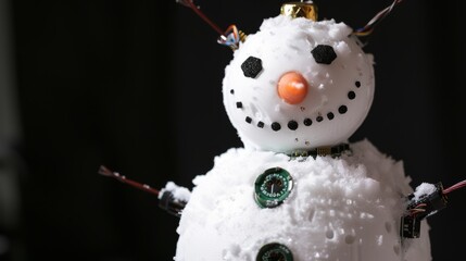 A snowman creatively crafted with robotic circuits and wires, featuring a playful carrot nose and a smiling face, showcasing innovation in festive design. AI generated.