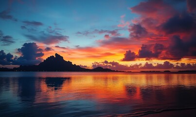 Obraz premium Paradise get-away Environment in Bora Bora. Tourism wallpaper with Majestic Sunrise Beach.