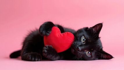 An adorable black kitten is lying on its side on a pink background holding a red heart. Concept of Valentine's Day with a pet.