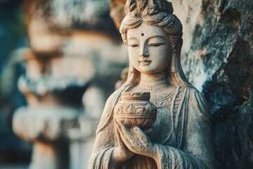 Serene stone figure holding a bowl, outdoors.