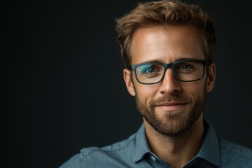 Obraz premium Optician showcasing stylish glasses on a well-dressed man in a dimly lit setting