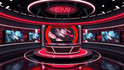 Modern virtual studio backdrop for tv news. Red, black color scheme. Round shape studio. Multiple screens showing news reports. Suitable for live shows, online events. 3D rendering. Virtual news