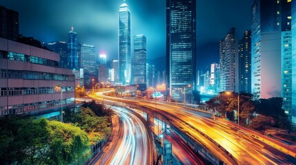 Fototapeta premium a bustling city with illuminated skyscrapers and glowing streets, vibrant city lights casting a colorful glow over the skyline, a lively urban scene with bright skyscrapers and bustling streets at nig