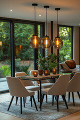 Fototapeta premium Photographie immobilière professionnelle d'une salle à manger moderne avec table en verre et vue sur le jardin, créant un espace lumineux et aéré