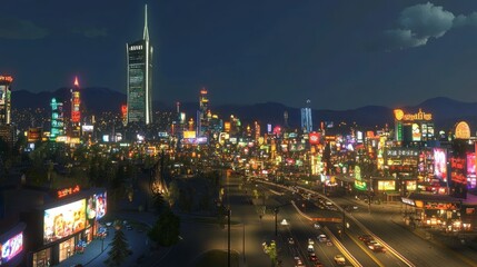 a bustling city with illuminated skyscrapers and glowing streets, vibrant city lights casting a colorful glow over the skyline, a lively urban scene with bright skyscrapers and bustling streets at nig