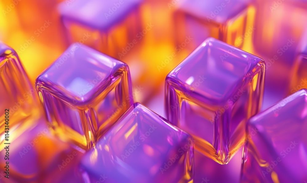 Poster precisely constructed glossy cubes. violet and orange, modern tech background. .