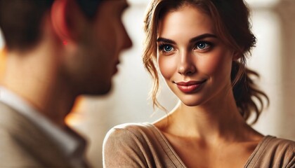 Smiling woman gazing at man in soft light, romantic connection concept
