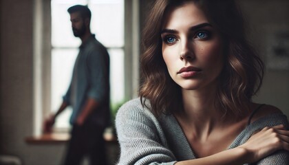 Portrait of a thoughtful woman with blurred man in background, relationship tension