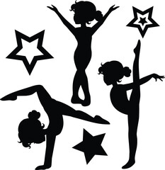 Cute little girl gymnast silhouette vector cartoon illustration